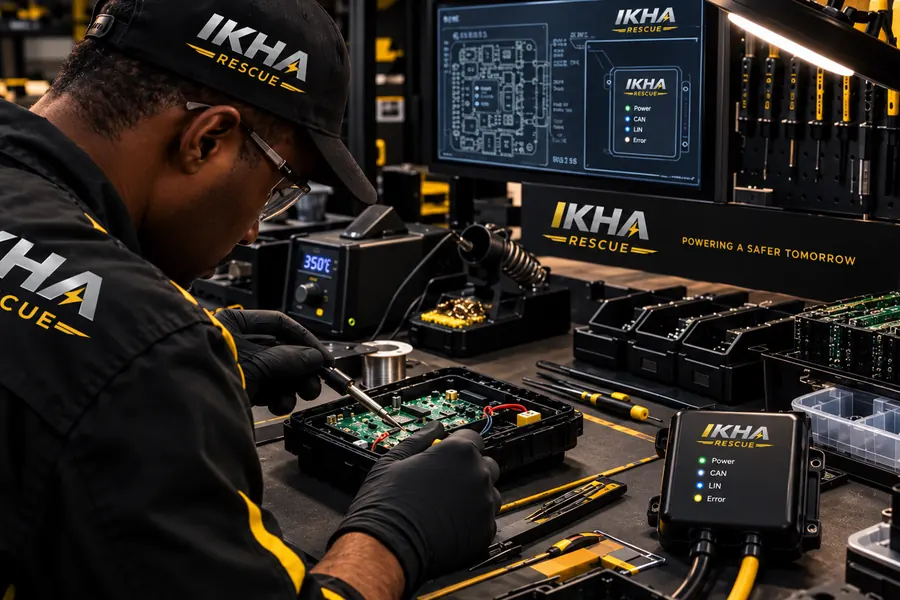 IKHA hardware engineer building the Smart Battery Monitor circuit board