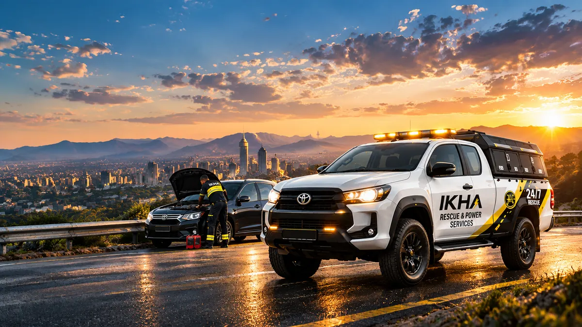 IKHA response truck arriving beside a stranded vehicle at sunset