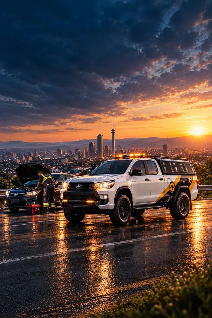 IKHA Rescue technician assisting a stranded vehicle beside the IKHA response truck at sunset, city skyline in the background