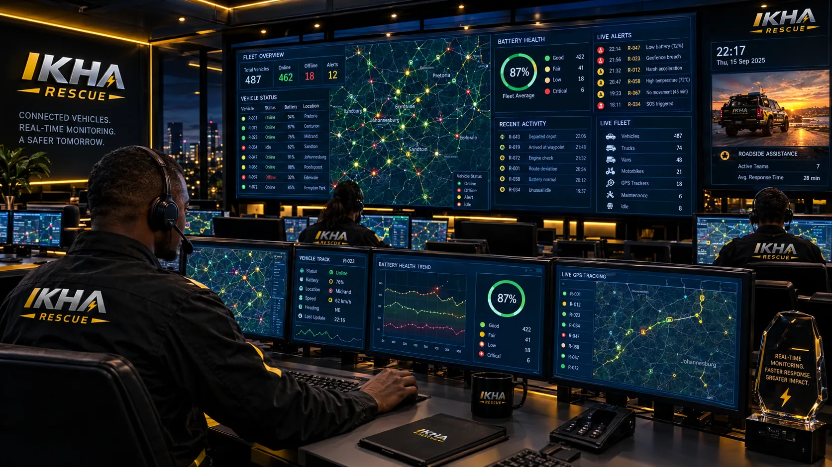 IKHA technical operations room with live fleet and battery health dashboards