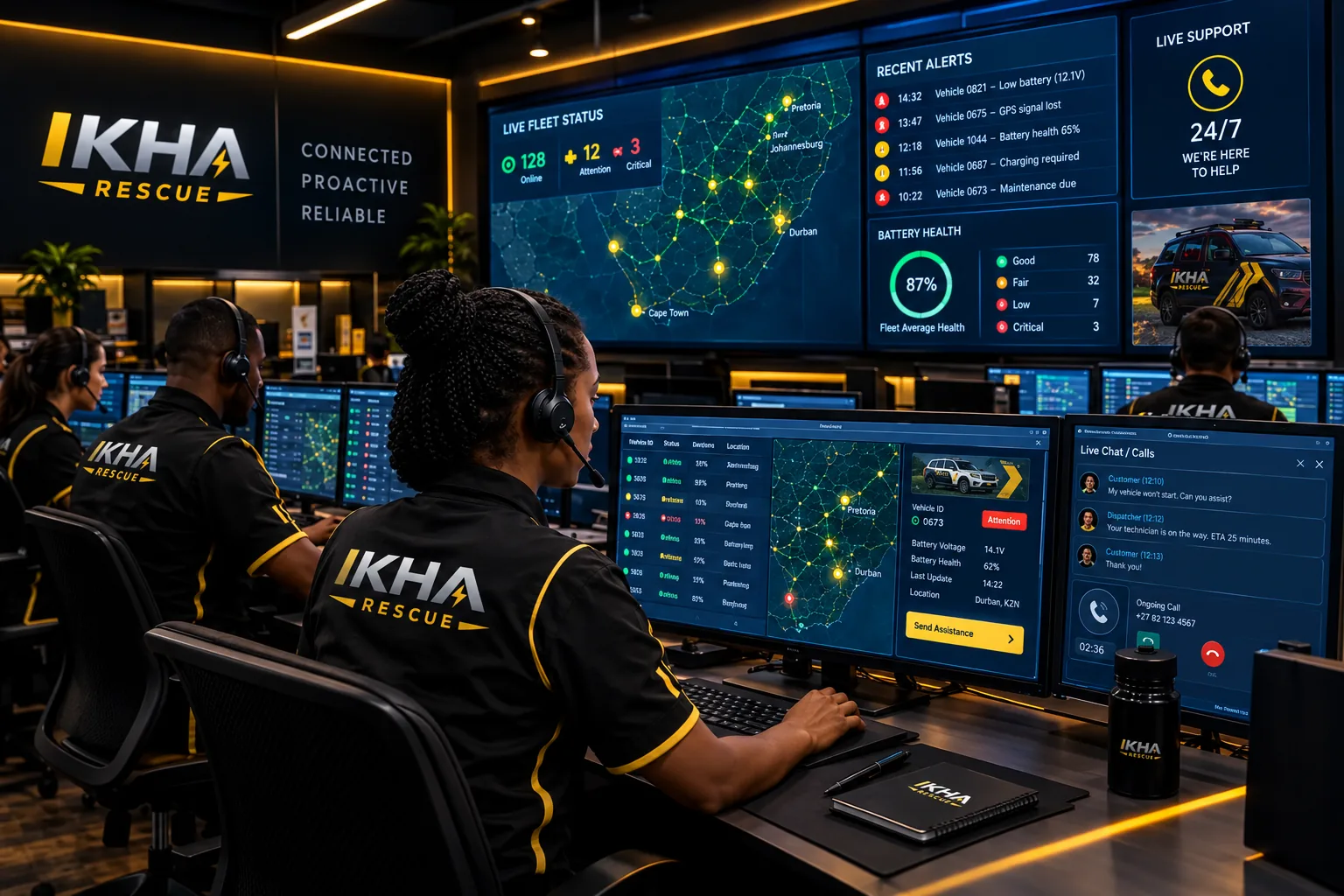 IKHA technical operations room with agents monitoring live fleet status, battery health and alerts
