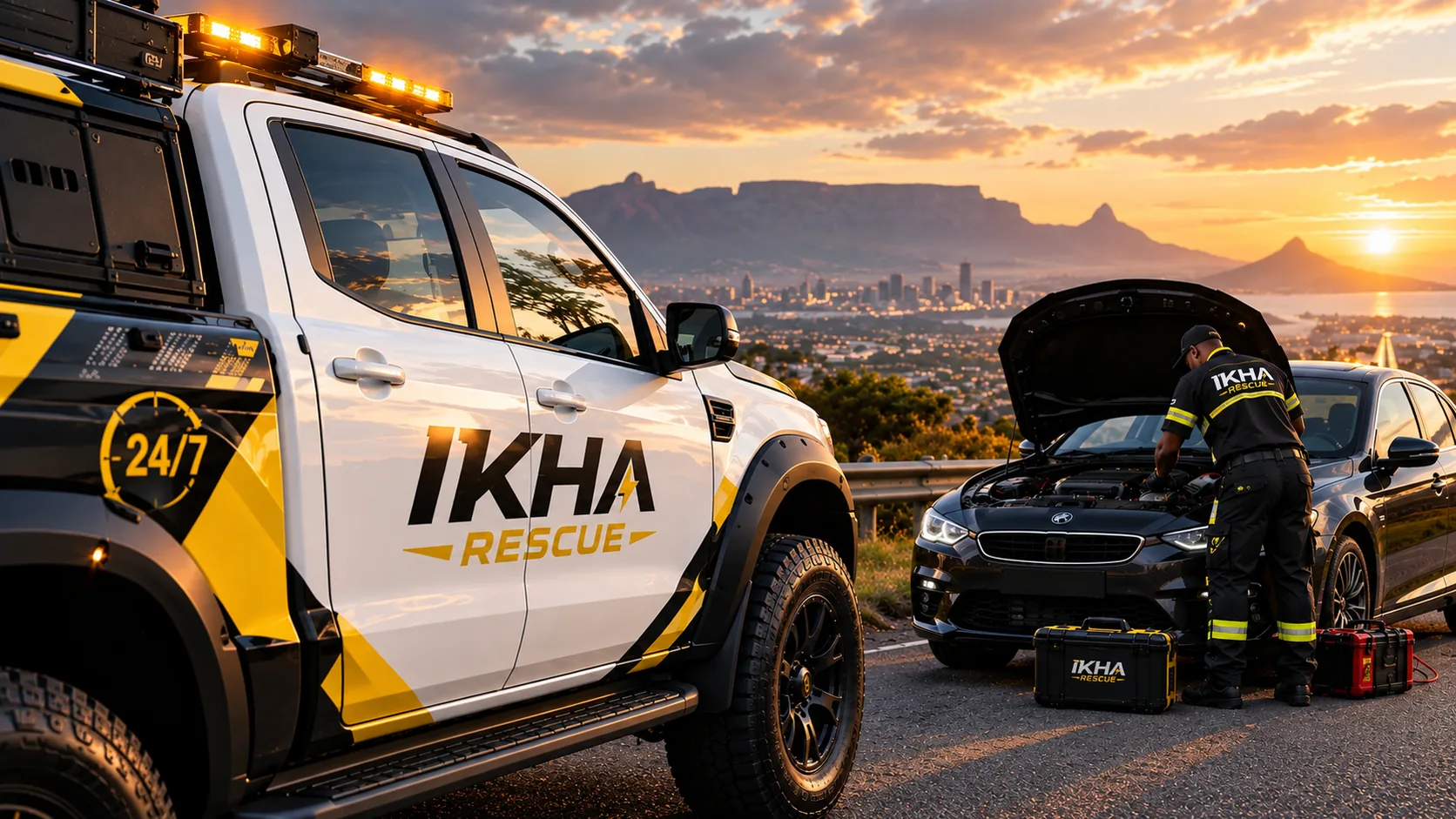 IKHA technician assisting a stranded vehicle with Table Mountain and the city skyline at sunset