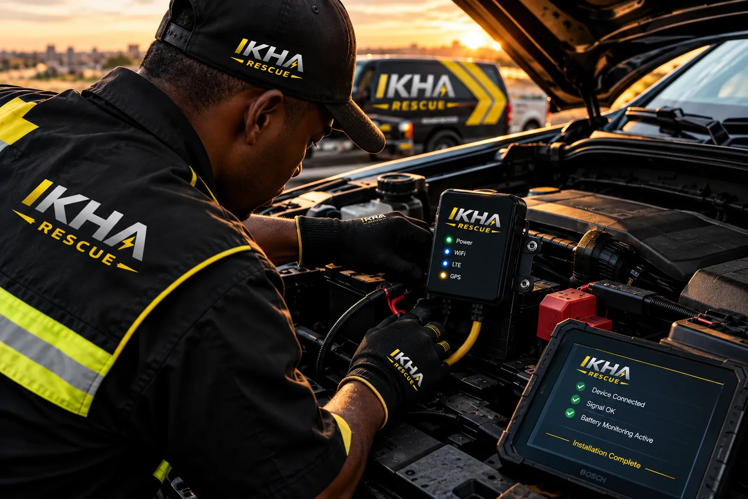 IKHA Smart Battery Monitor installed in a vehicle with a tablet confirming installation complete