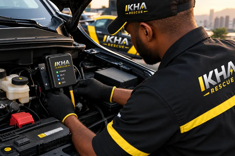 IKHA Smart Battery Monitor installed in a vehicle engine bay with status LEDs