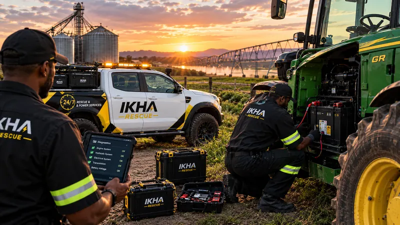 IKHA technician servicing farm machinery battery