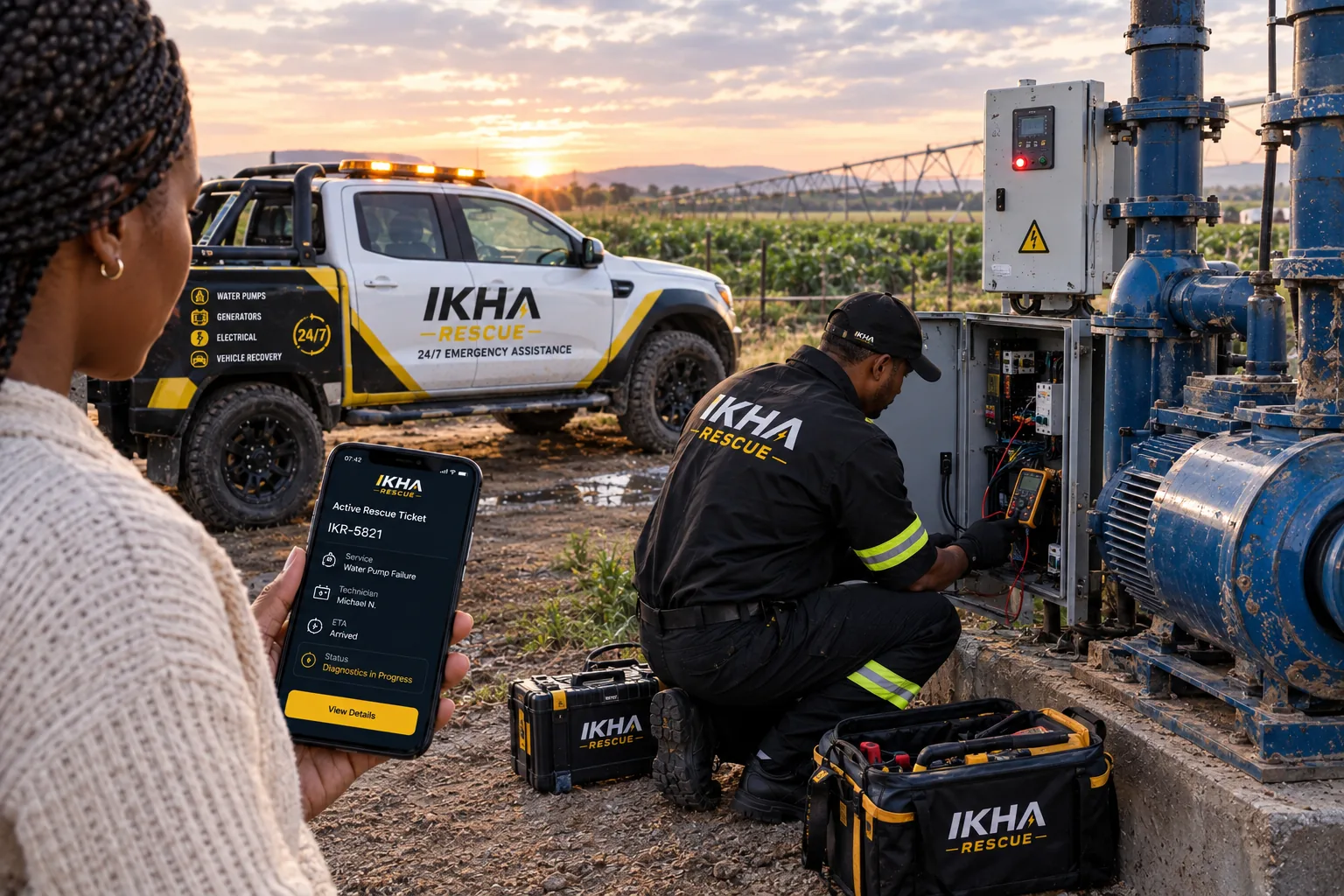 IKHA technician servicing an irrigation pump system on a farm