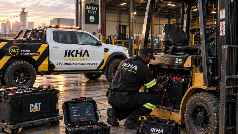 IKHA technician servicing a forklift battery in a factory